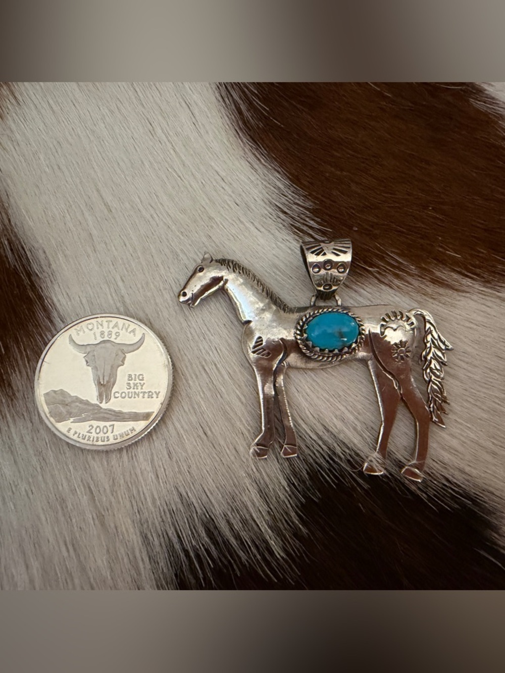 ❤️ Kingman Turquoise Sterling Hand Stamped Statement Horse Unisex Pendant - Picture 4 of 12